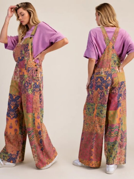 Easel Los Angeles Pants - NWT Easel Patchwork Enzyme Washed Boho Wide Leg Jumpsuit